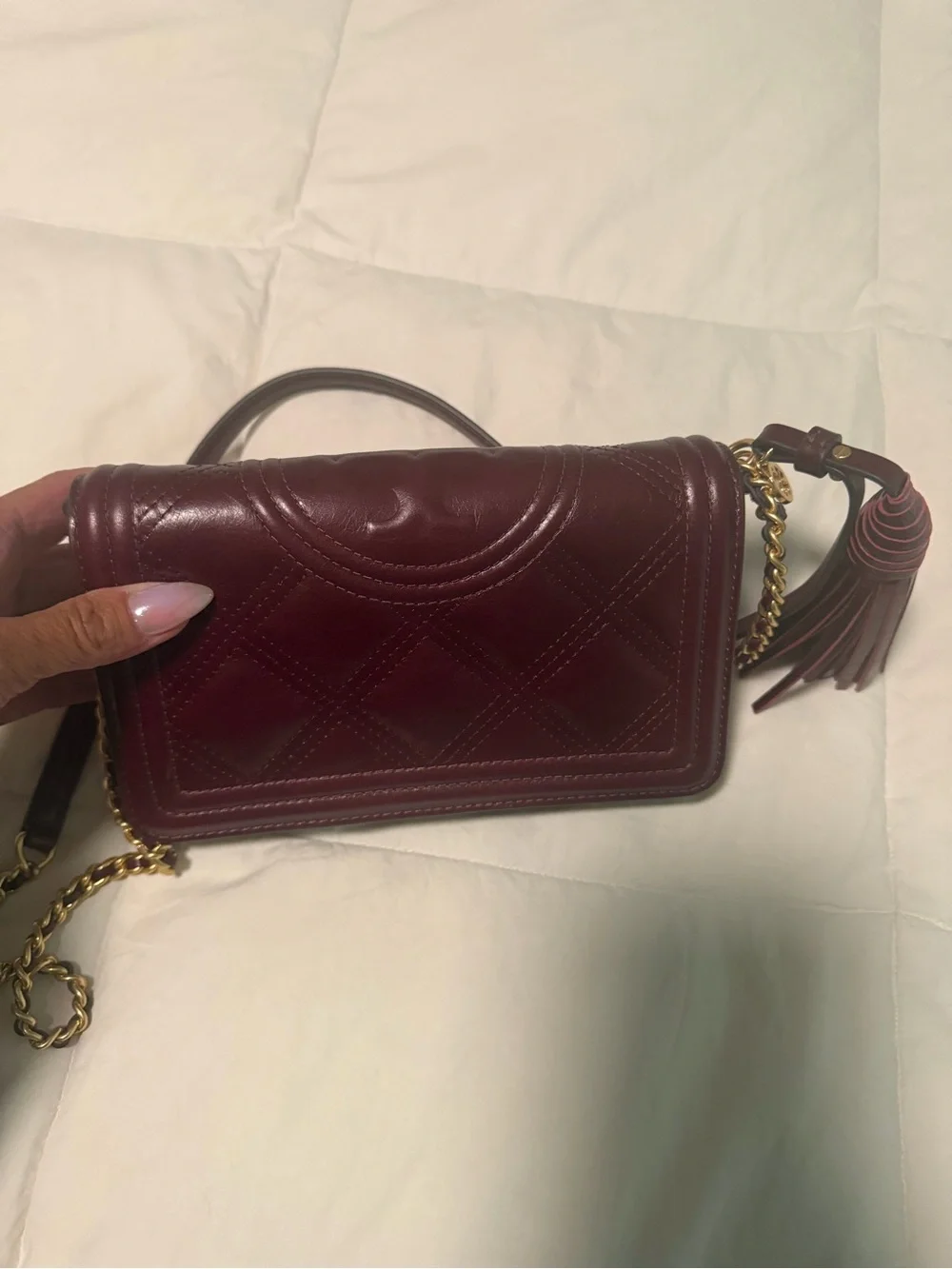Tory Burch Quilted Leather Crossbody in Burgundy with Gold Chain